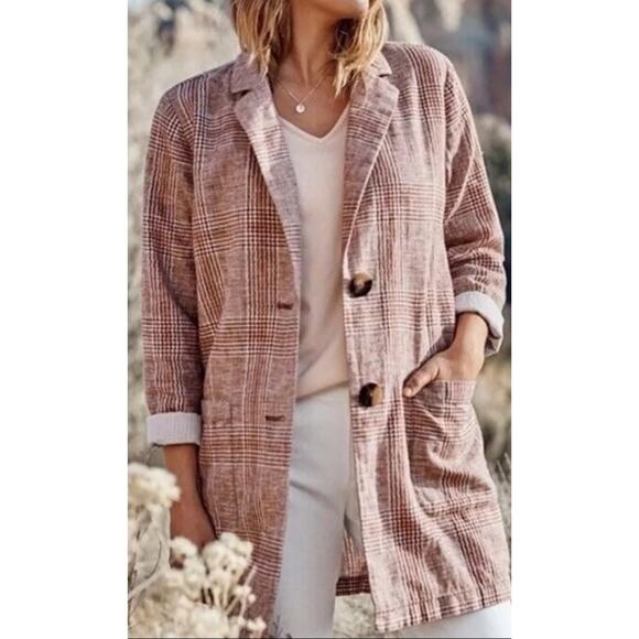 J.Jill Linen Cotton Checkered Plaid Oversized Light Weight Blazer Size Medium - Picture 1 of 9